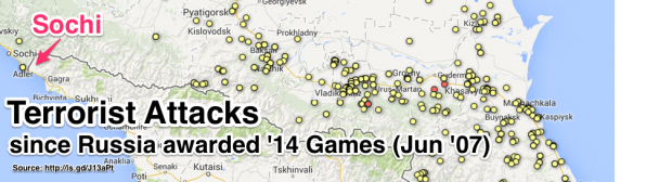 Map of all terrorist attacks near Sochi since Russia awarded Winter Olympics (Jun '07) - Imgur
