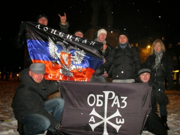 Photo taken in Donetsk in February 2012 shows flag of extremist Russkiy Obraz group whose members were charged with 2009 murders of lawyer Stanislav Markelov and journalist Anastasia Baburova. Via Anton Shekhovtsov.