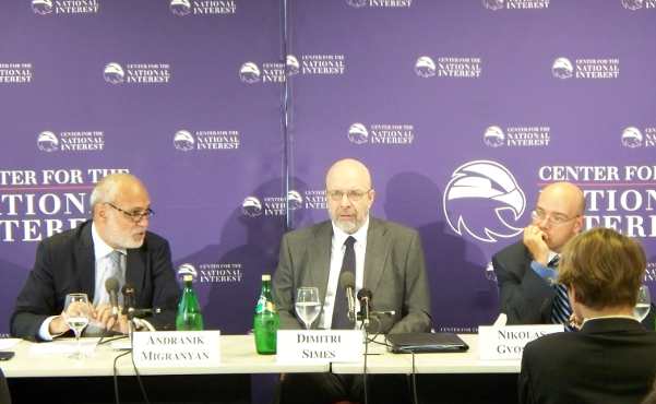 Andranik Migranyan (L) at the Center for National Interest debating Pussy Riot with Dimitri Simes (CNI) and (R) Nikolas Gvosdev, Professor of National Security Studies at the Naval War College