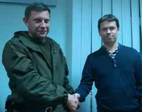 (L-R) The leader of the DNR terrorists Aleksandr Zakharchenko and Fabrice Beaur (EODE / extreme-right Parti communautaire national-européen), 1 November 2014, Donetsk
