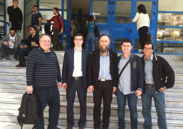 Nikos Kotzias, current Greek Foreign Minister (far left), Aleksandr Dugin (centre) and PhD student Antonis Skotiniotis (far right), 12 April 2013, Piraeus