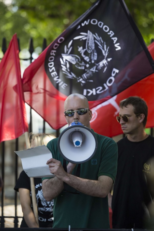 Piers Mellor speaking at the demo, 4 July 2015, London. Photo: Jack Taylor/AFP/Getty Images 