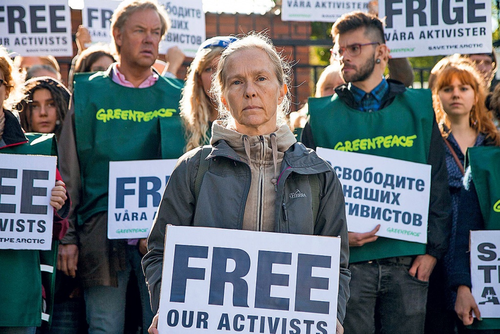 Dmitry Litvinov's wife, Anita, at a protest action at the Russian Embassy in Stockholm