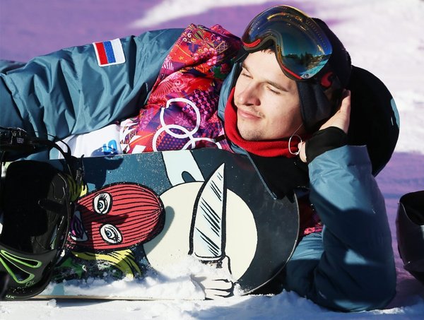 Alexey Sobolov's snowboard may have a Pussy Riot member on it (Sergey Ilnitsky / EPA / February 6, 2014)