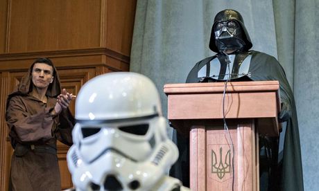 The Ukrainian Internet partys Darth Vader addresses a party congress in Kiev
