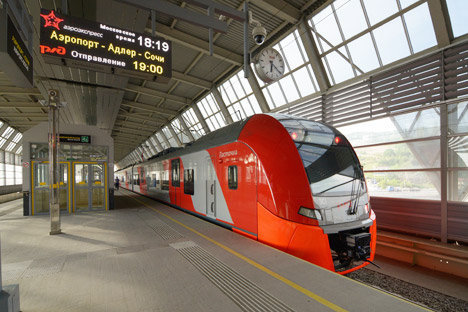 The Lastochka train in Sochi at the Adler-Krasnaya Polyana station. 