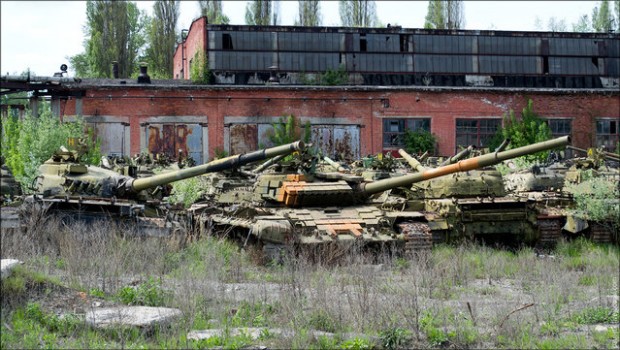 Partially abandoned tank factory in Kharkiv