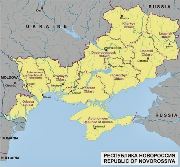 "Republic of Novorossiya". A map of the concept of a new republic made out of Ukrainian and Moldovan territories that would join the Russian Federation.