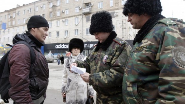 Russian Cossacks in Volgograd check documents 2 January 2014