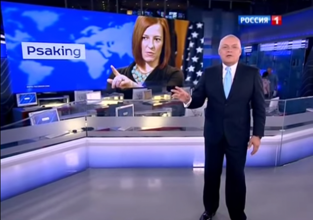 Screenshot from Dmitry Kiselyev's broadcast inventing the term "Psaking," which for him means "low-quality American diplomacy" in action.