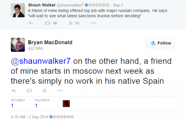 Bryan MacDonald on Twitter    shaunwalker7 on the other hand  a friend of mine starts in moscow next week as there s simply no work in his native Spain