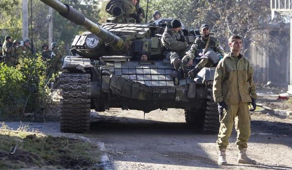 Russian-backed separatist Givi with Russian tank in Donetsk in November 2014.