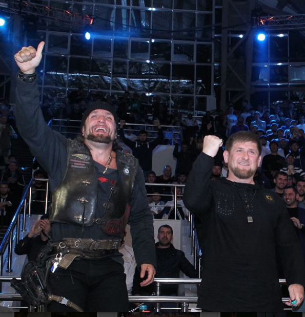 Alexander Zaldostanov, head of the bikers' group Night Wolves, with Chechen leader Ramzan Kadyrov at a Million-Muslims March in Grozny on January 21, 2015