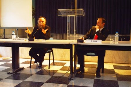 Aleksandr Dugin (left) delivers a lecture "The Geopolitics of Russia" co-hosted by Konstantinos Filis (right)