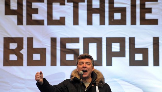 Boris Nemtsov speaking at the Bolotnaya Square rally against Putin's fraudulent election, December 20, 2011. Photo by AFP