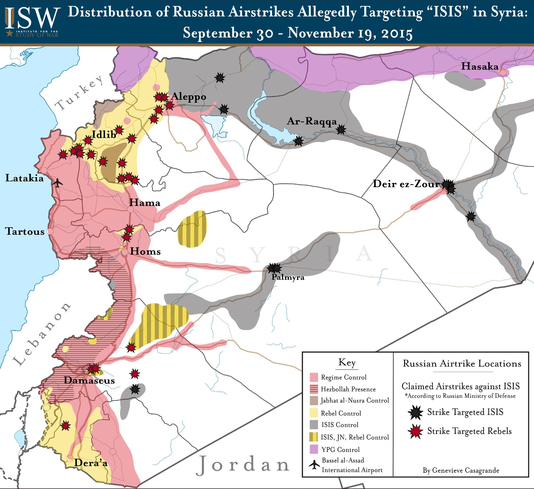 The Russian Ministry of Defense (MoD) regularly releases disinformation in order to portray itself as an effective anti-ISIS actor in Syria. The Russian MoD claimed to strike ISIS in 45 discrete locations across Syria from September 30 to November 19. Credible local reporting confirmed that airstrikes occurred in 36 of the reported locations, although ISW assessed that 25 of these airstrikes targeted Syrian rebel groups rather than ISIS. Source:Genevieve Casagrande, ISW