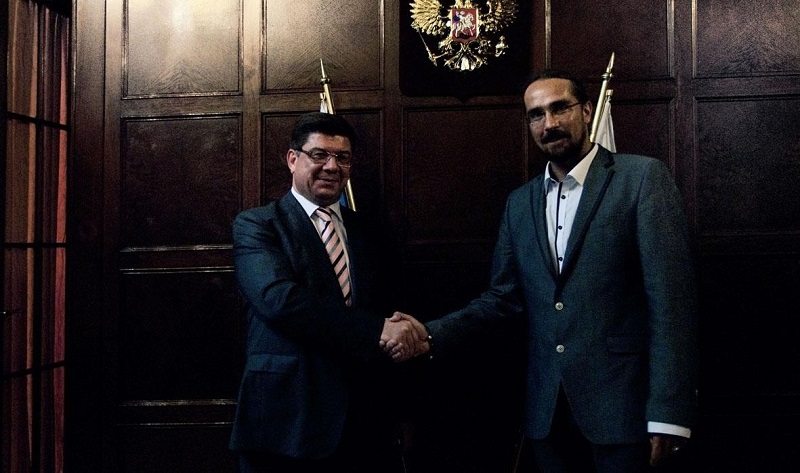 The meeting at the Russian Embassy in Slovakia: (left to right) Pavel Kuznetsov and Tibor Eliot Rostás, Bratislava, 26 May 2014 